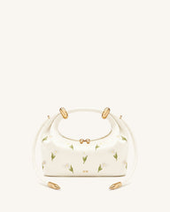 Ellie Satin Finish Embroidered Metal Ring Embellished Top Handle Bag - White