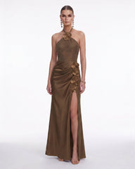Floral Appliqué Halter Slit Satin Maxi Dress - Brown