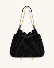 Rowan Artificial Crystal Ruched Drawstring Chain Bucket Bag - Obsidian