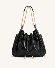Rowan Ruched Drawstring Chain Bucket Bag - Jet Black