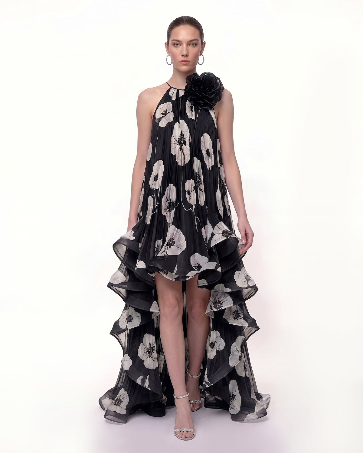 Floral Chiffon High-Low Halter Dress - Black