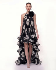 Floral Chiffon High-Low Halter Dress - Black