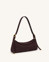Elowen Faux Suede East-West Shoulder Bag - Dark Brown