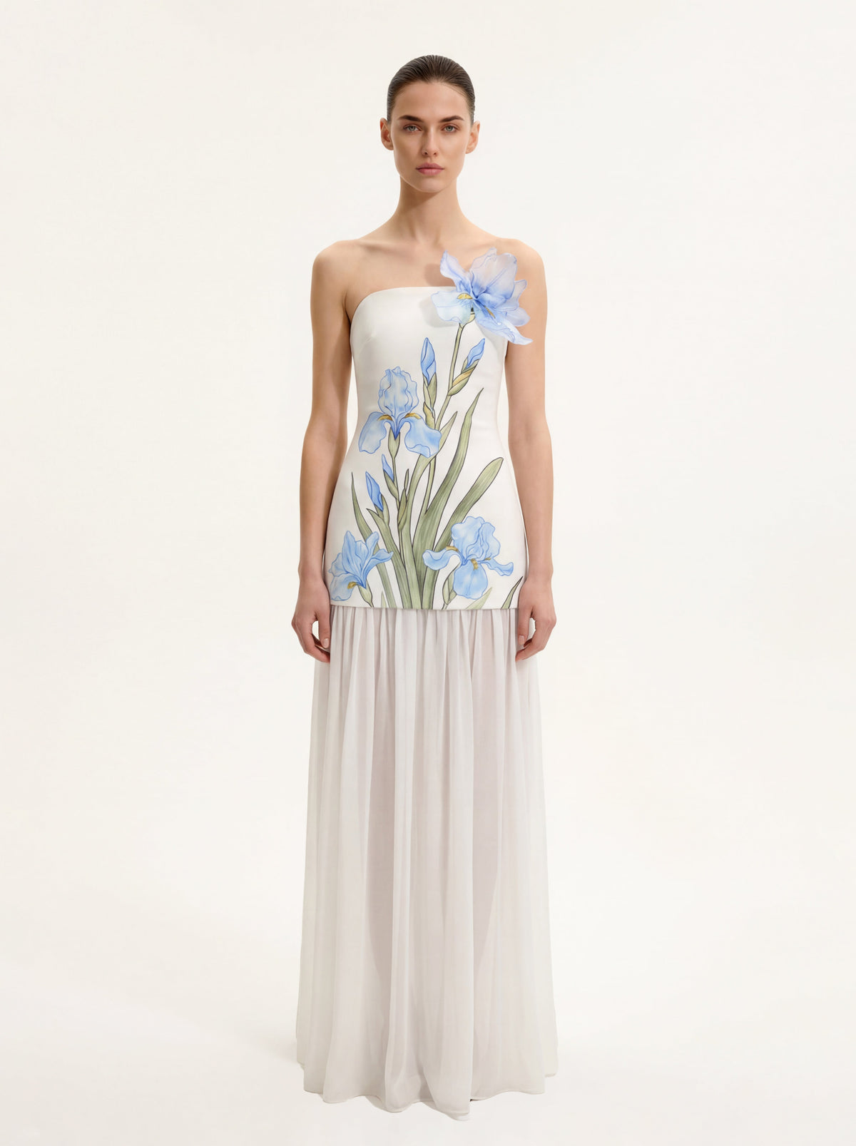 Floral Print Strapless Mixed Maxi Dress - Ivory