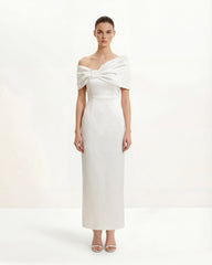 Satin Asymmetric Bow Maxi Dress - White