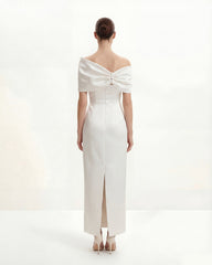 Satin Asymmetric Bow Maxi Dress - White