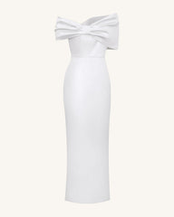 Satin Asymmetric Bow Maxi Dress - White