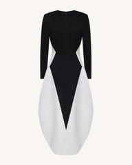 Monochrome Paneled Plunging V-Neck Long-Sleeve Maxi Dress - Black