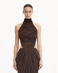 Ruched Twist-Front Halter Bodysuit - Brown