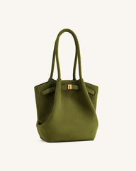 Hana Column Faux Suede Tote Bag - Olive Green