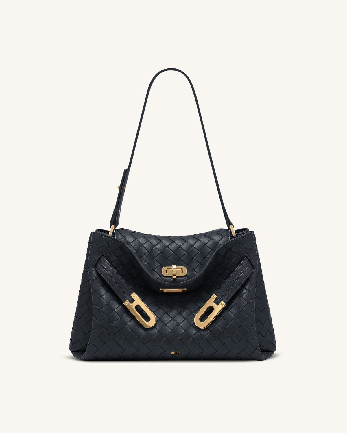 Rhea Woven Texture Double Buckle Shoulder Bag - Navy Blue