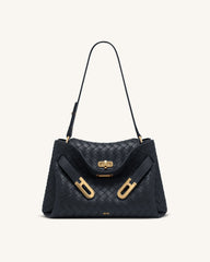 Rhea Woven Texture Double Buckle Shoulder Bag - Navy Blue
