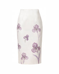 Iris Print High-Waisted Pencil Midi Skirt - White/Purple