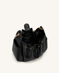 Rowan Ruched Drawstring Chain Bucket Bag - Black