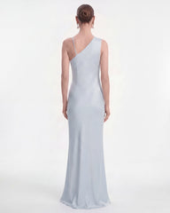 Floral Appliqué One Shoulder Maxi Dress - Light Blue