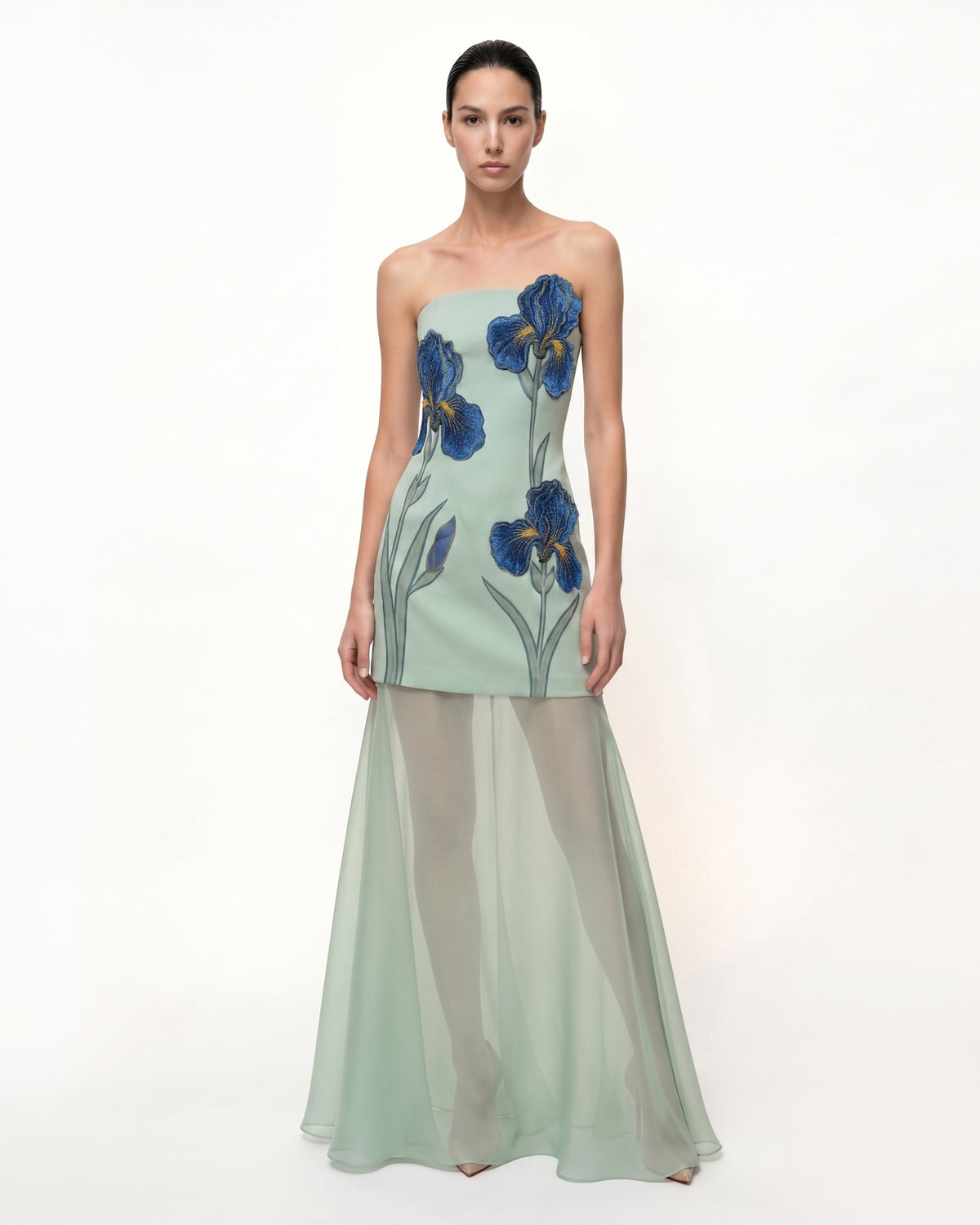 Iris Embroidered Strapless Sheer Overlay Maxi Dress - Sage Green