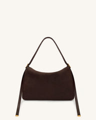 Elowen Faux Suede Flap Shoulder Bag - Dark Brown
