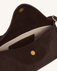 Elowen Faux Suede Flap Shoulder Bag - Dark Brown