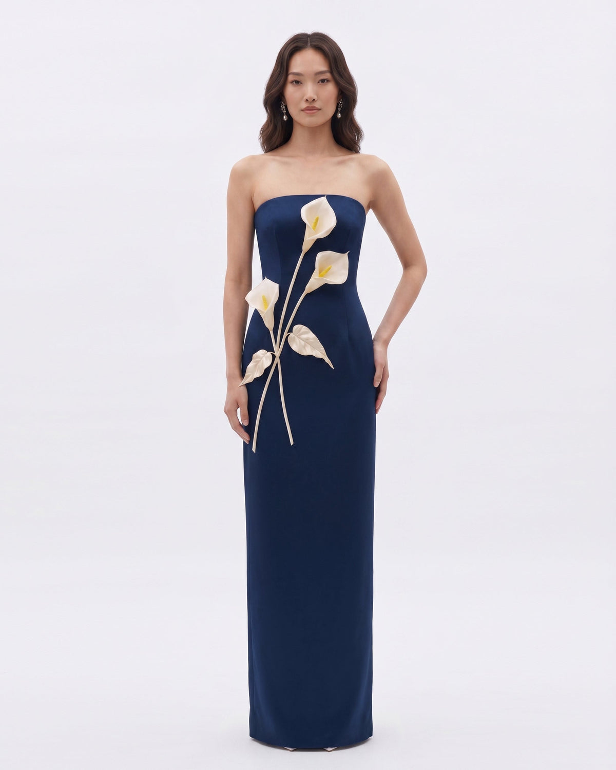 Floral Appliqué Strapless Dress - Navy Blue