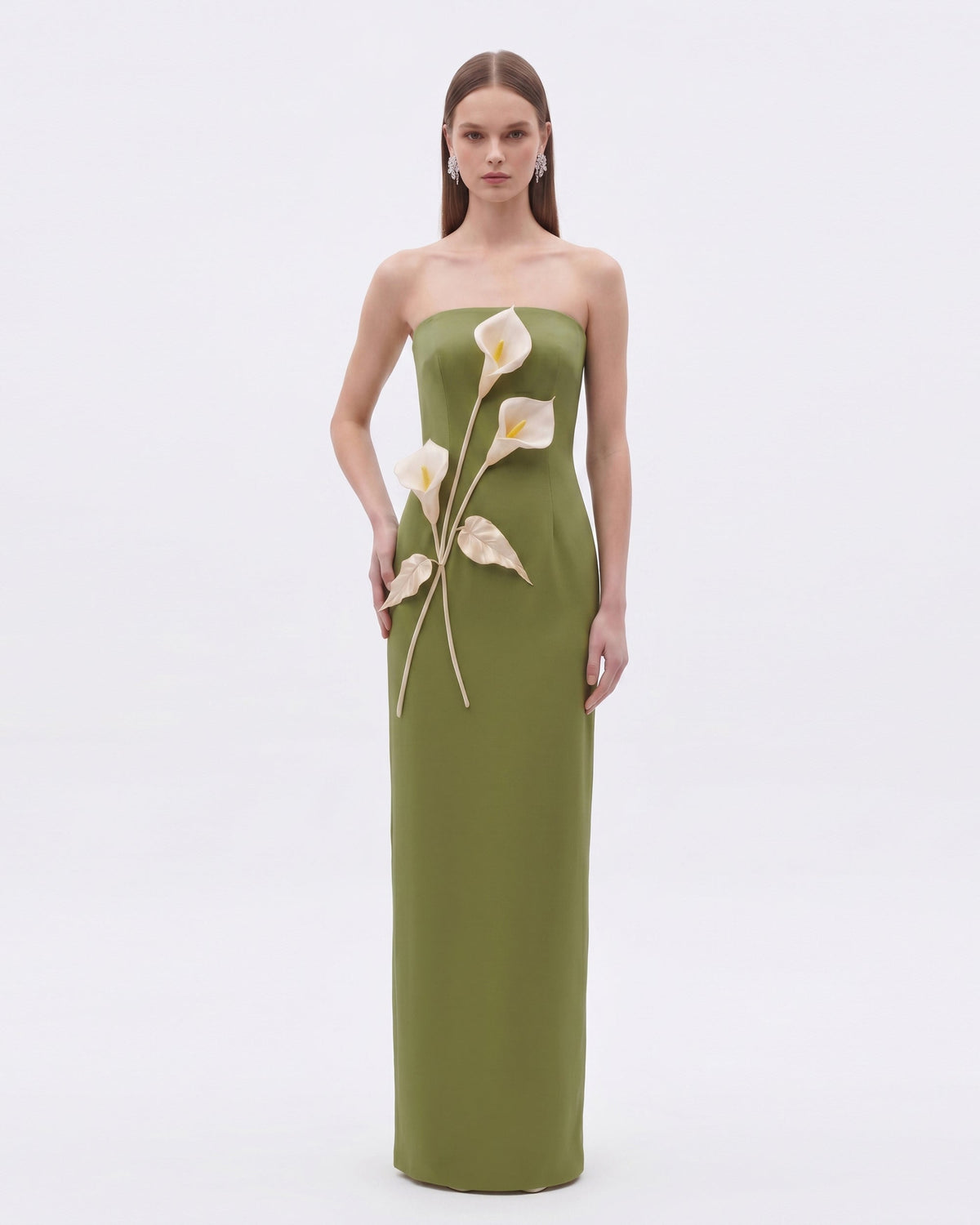 Floral Appliqué Strapless Dress - Olive Green