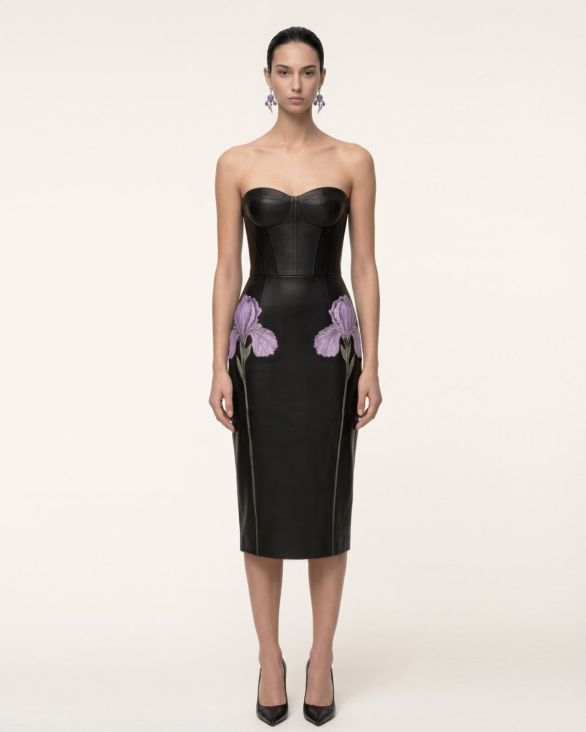 Iris Floral-Print Strapless Corset Leather Midi Dress - Black