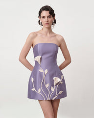 3D Vine Floral Strapless Mini Dress - Purple