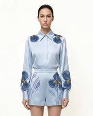 Iris Embroidered Collared Long Sleeve Shirt - Light Blue