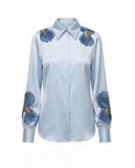 Iris Embroidered Collared Long Sleeve Shirt - Light Blue