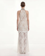 Jeweled Lace Halter Dress - White