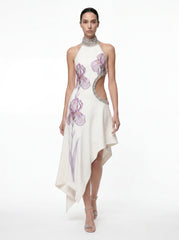 Jeweled Floral Cutout High Neck Dress - White