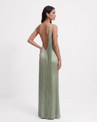 Fringe One Shoulder Maxi Dress - Sage Green