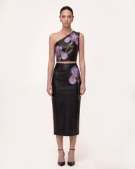 Iris Floral-Print High Waist Pencil Leather Midi Skirt - Black