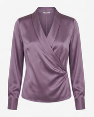 Satin Wrap V Neck Long Sleeve Blouse - Dusty Mauve
