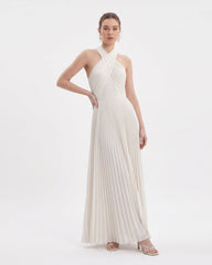 Pleated Cross Halter Maxi Dress - Ivory