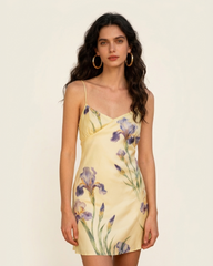 Iris Print Satin Slip Mini Dress - Soft Yellow