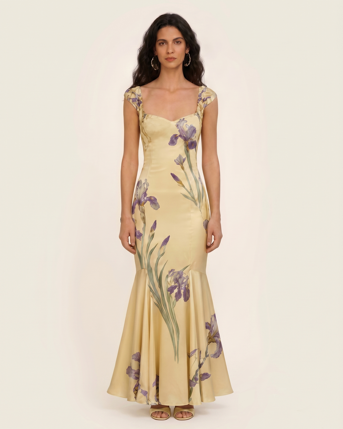 Iris Print Satin Mermaid Maxi Dress - Soft Yellow
