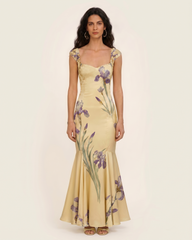 Iris Print Satin Mermaid Maxi Dress - Soft Yellow