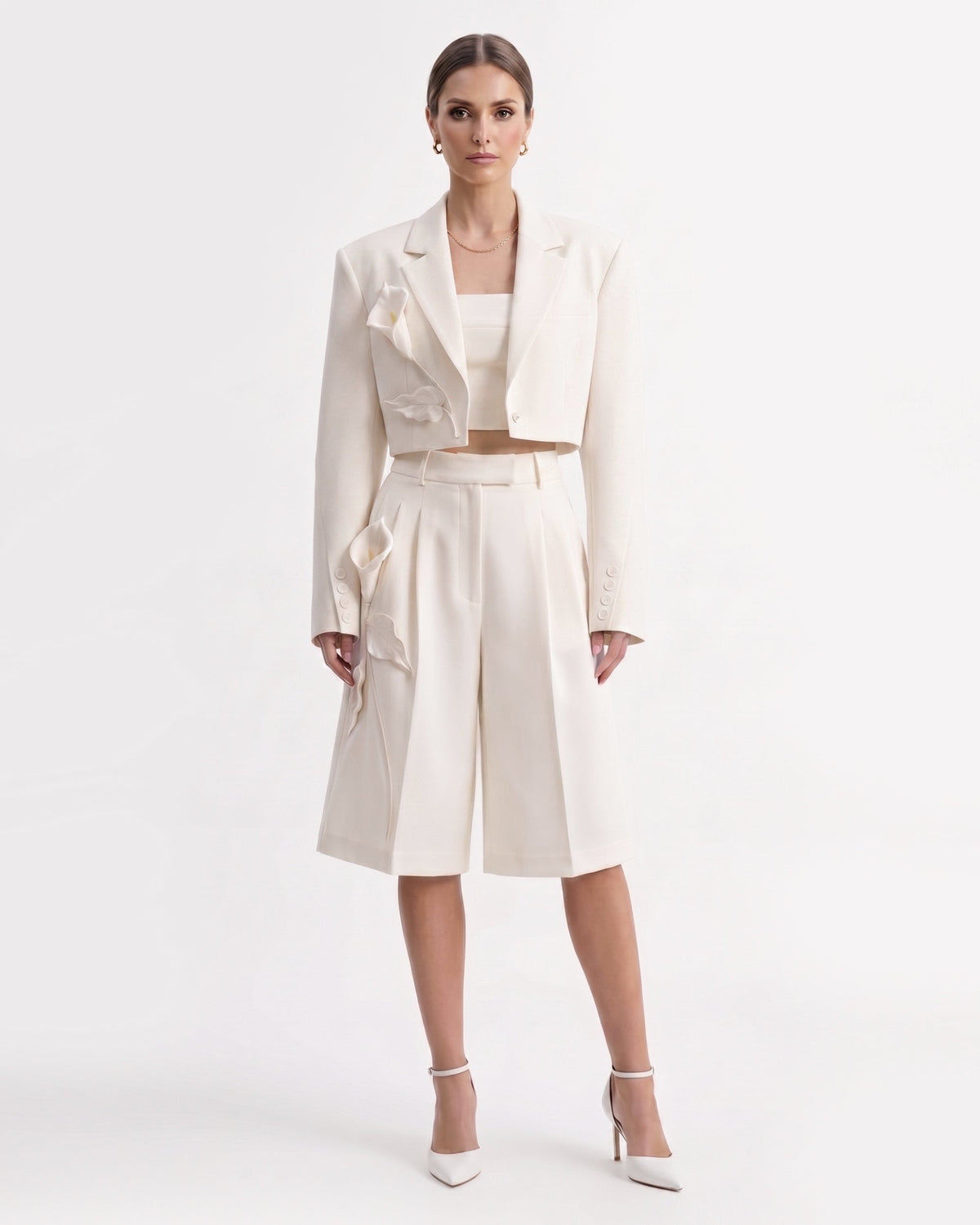 Floral Appliqué Cropped Blazer - White