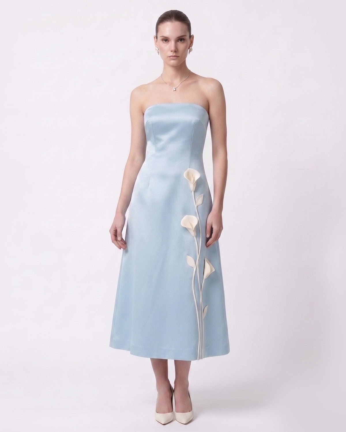 Floral Appliqué Strapless Midi Dress - Light Blue