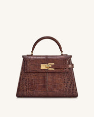 Elise Large Croc-Embossed Top Handle Bag - Chestnut Brown