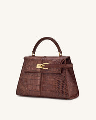 Elise Large Croc-Embossed Top Handle Bag - Chestnut Brown
