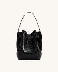 Clara Lock Accent Bucket Shoulder Bag - Black Croc