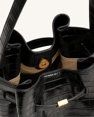 Clara Lock Accent Bucket Shoulder Bag - Black Croc
