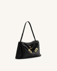 Rhea Pebbled Double Buckle Shoulder Bag - Black
