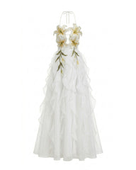 Lily-Embroidered Embroidered Halter Tiered Maxi Dress - White