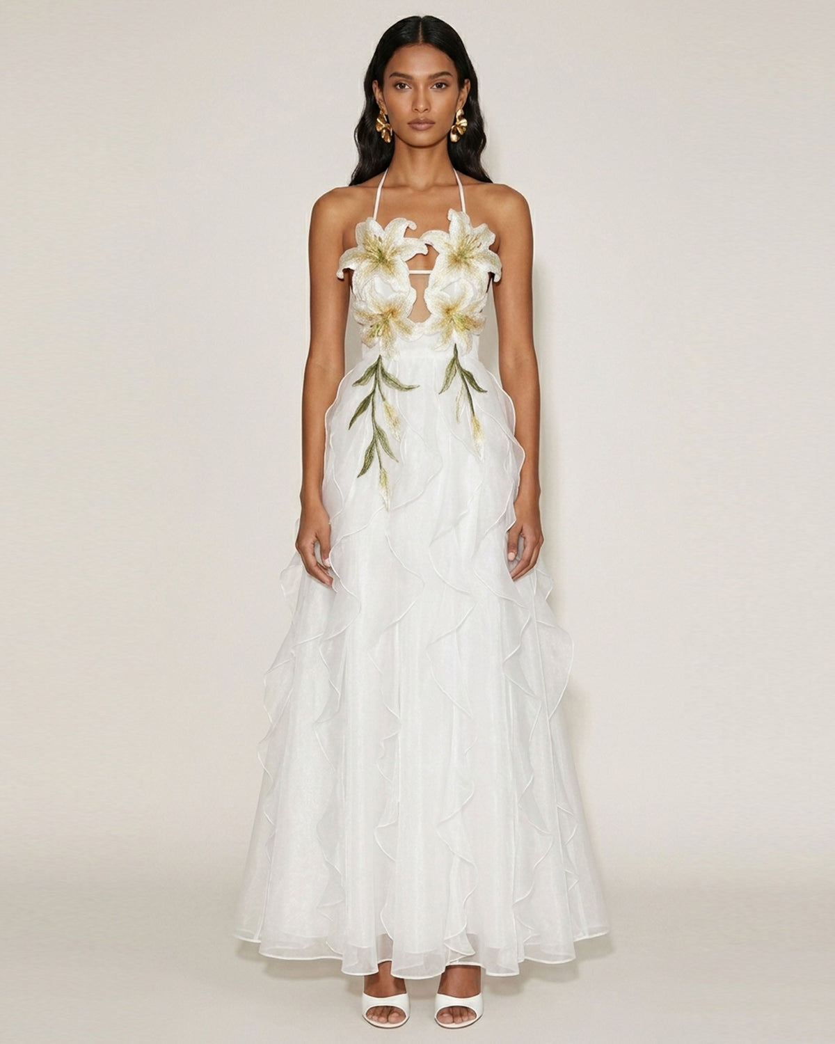 Lily-Embroidered Embroidered Halter Tiered Maxi Dress - White