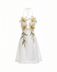 Lily-Embroidered Halter Mini Dress - White