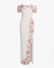 Flower Embroidered Off-Shoulder Maxi Dress - Ivory