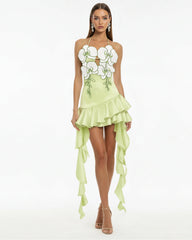 Orchid Embroidered Ruffle Hem Mini Dress - Light Green