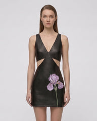 Iris Floral Cutout Bodycon Leather Mini Dress - Black
